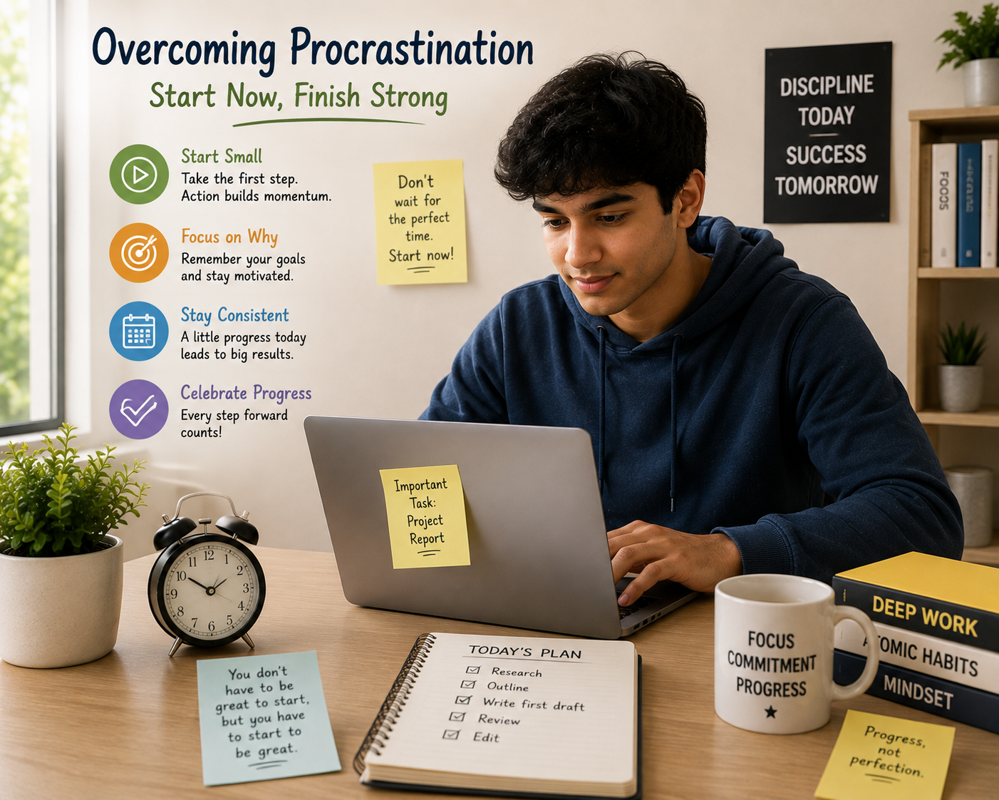 Student overcoming procrastination by starting an important task 