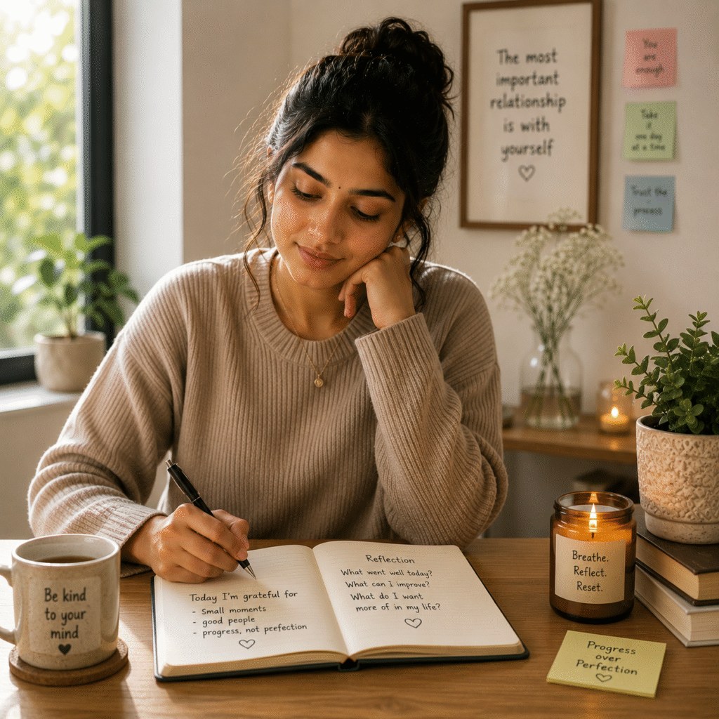 Person practising self-reflection while writing in a journal