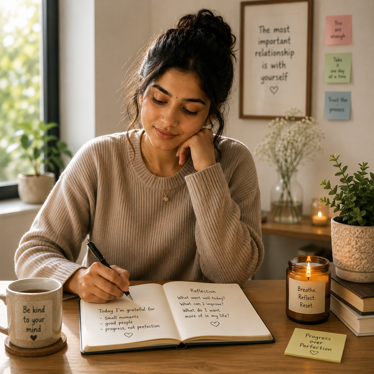 Person practising self-reflection while writing in a journal