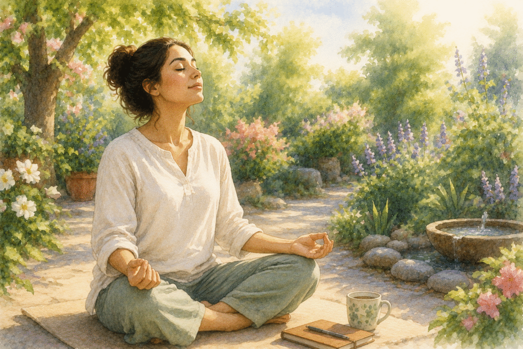 Person relaxing peacefully in a quiet garden while practising relaxation techniques through deep breathing and mindful awareness.