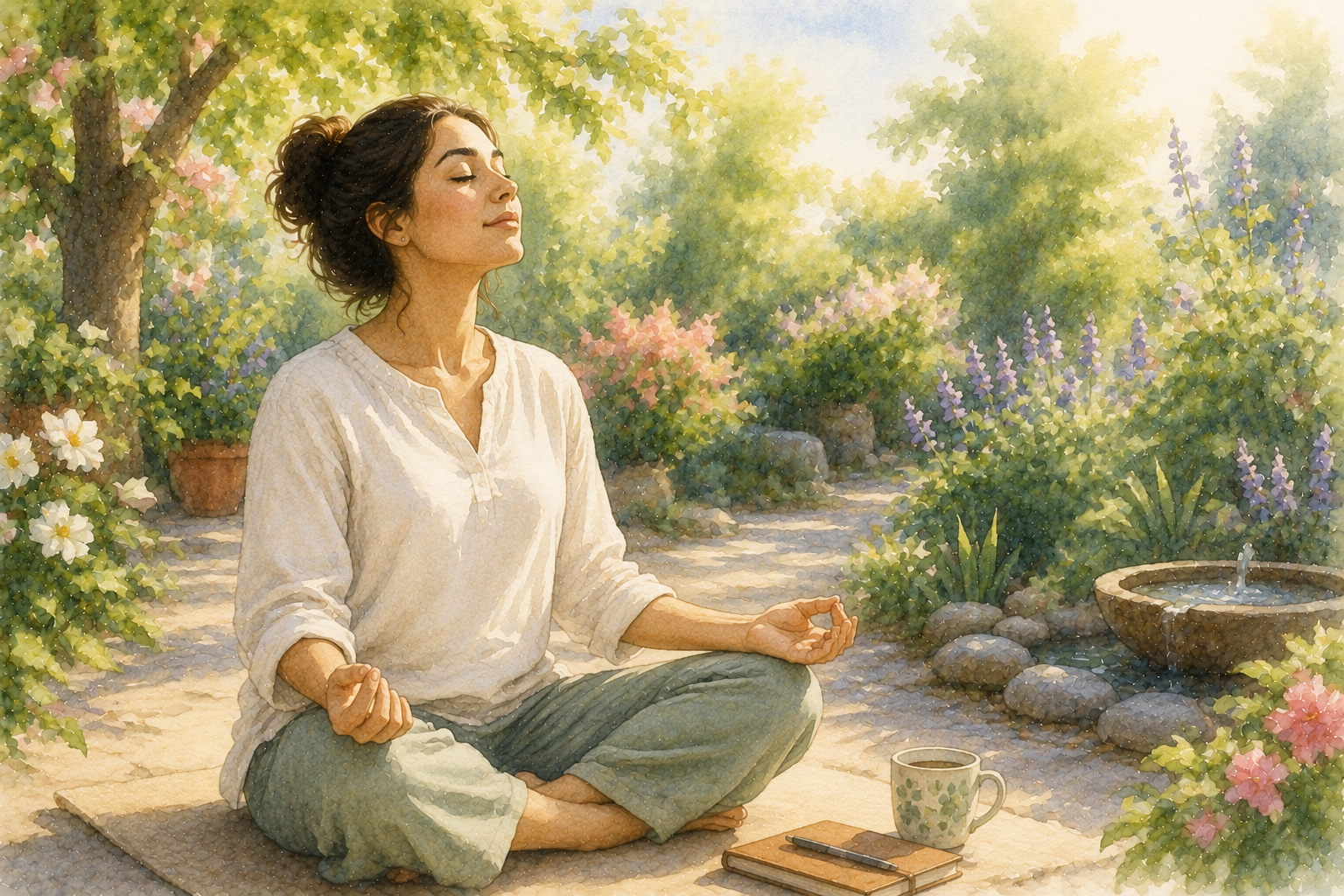 Person relaxing peacefully in a quiet garden while practising relaxation techniques through deep breathing and mindful awareness. 