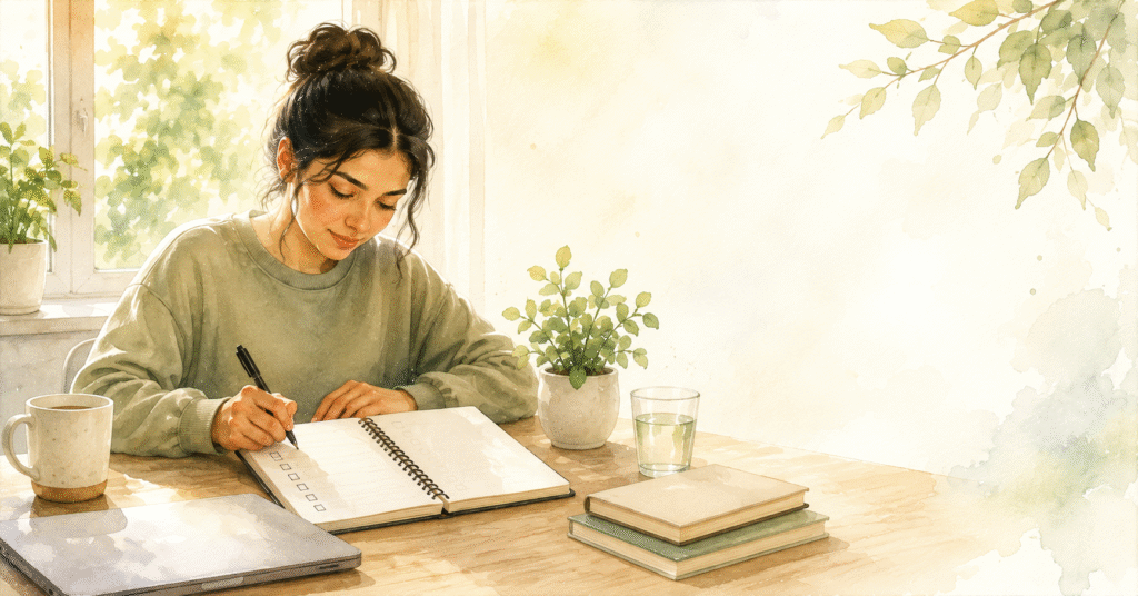 Person checking off daily habits in a planner while enjoying a healthy morning routine in a bright, organized workspace. 