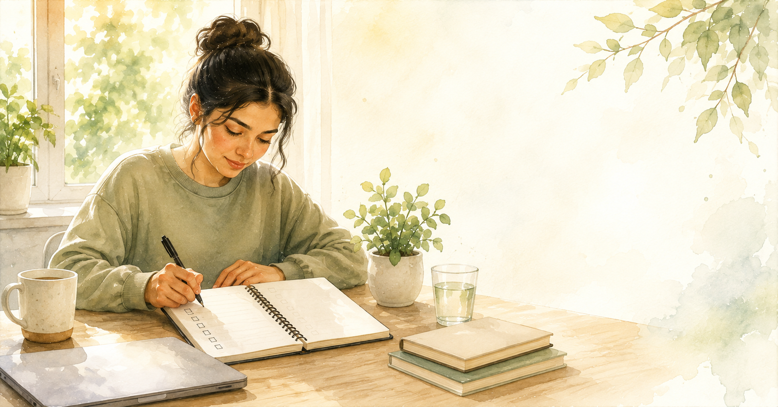 Person checking off daily habits in a planner while enjoying a healthy morning routine in a bright, organized workspace. 