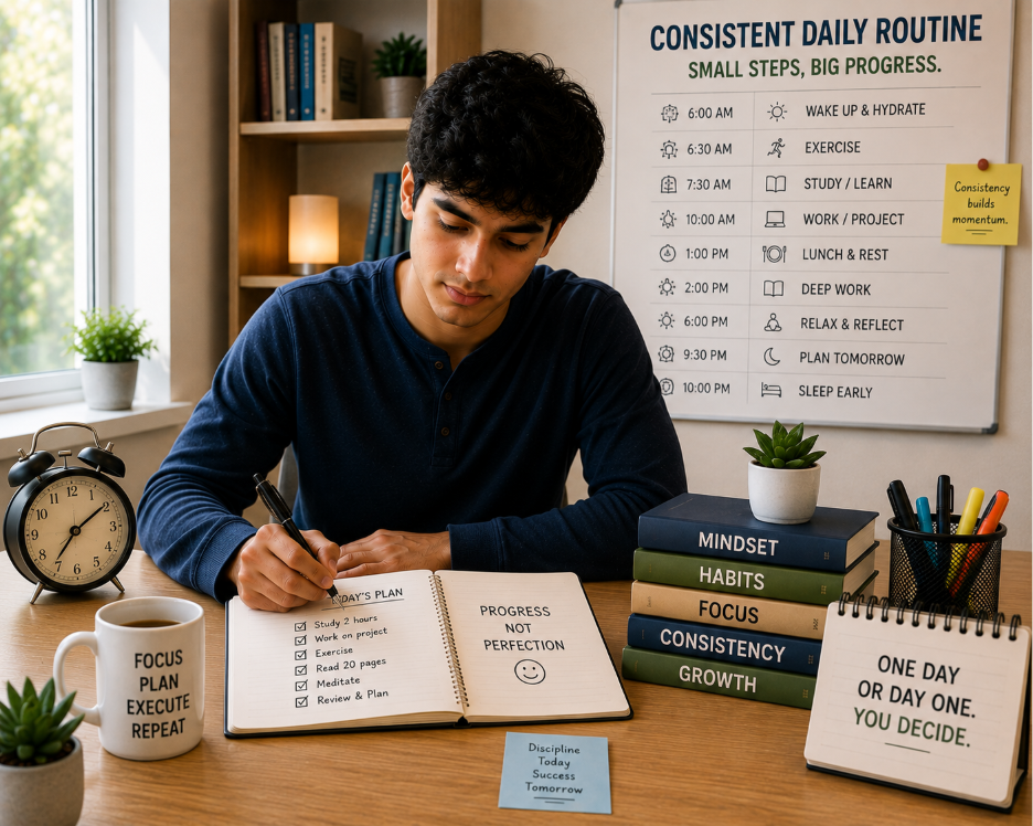 Young adult following a Building Consistency daily routine to make steady progress 