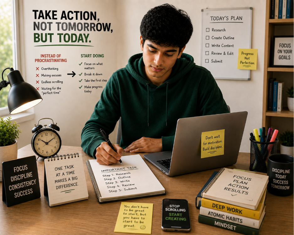 Young adult taking action on an important task instead of Stop Procrastinating 