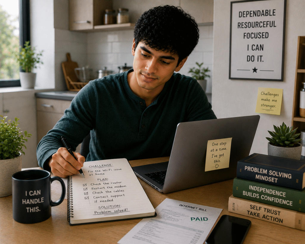 Person becoming more self-reliant and confidently handling an everyday challenge