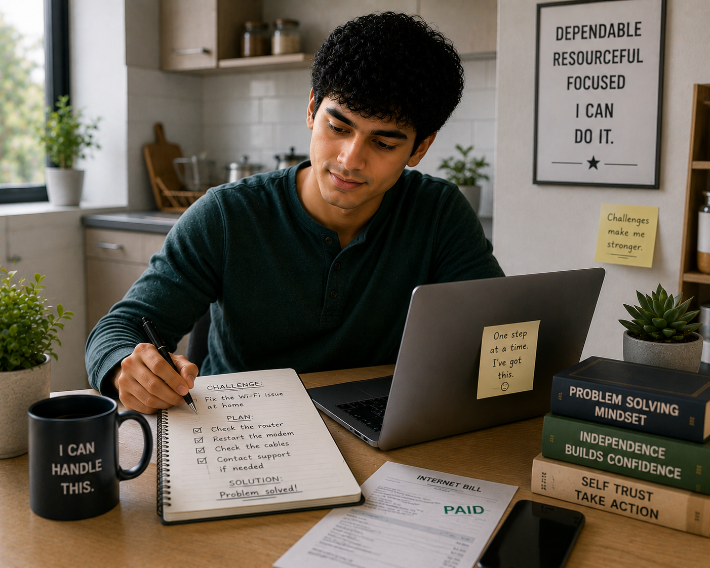 Person becoming more self-reliant and confidently handling an everyday challenge