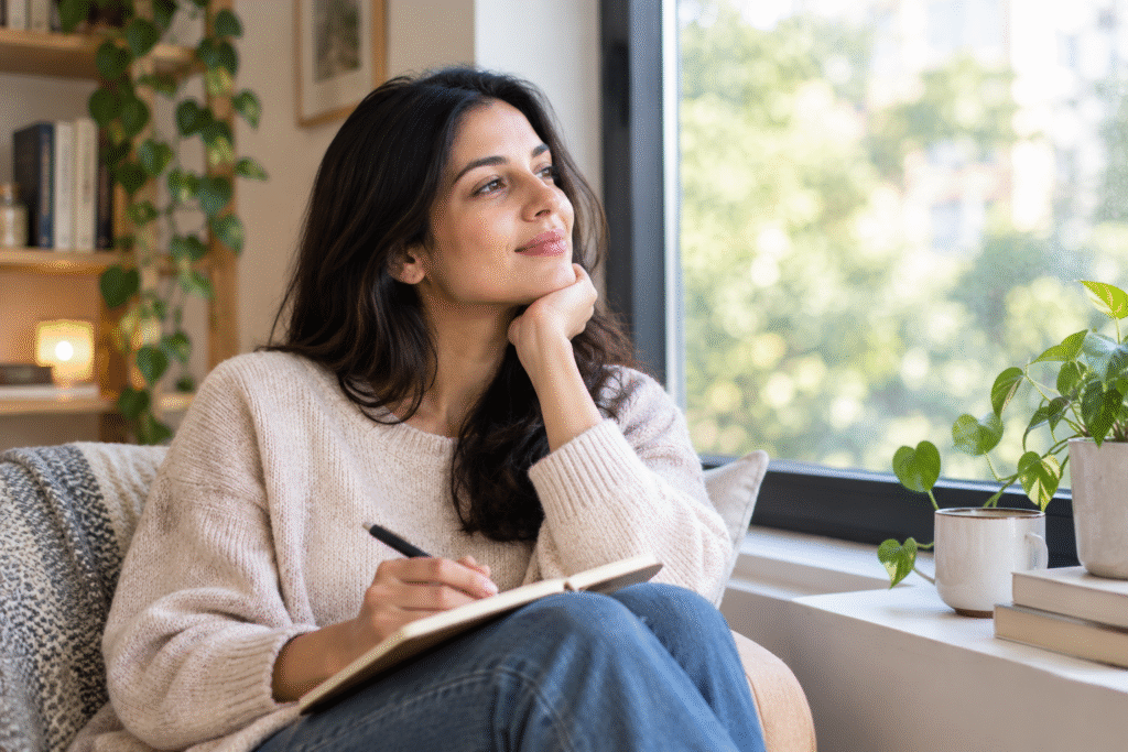 Person practicing self-patience while reflecting calmly at home