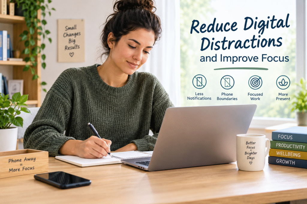 Person learning to reduce digital distractions while focusing on work