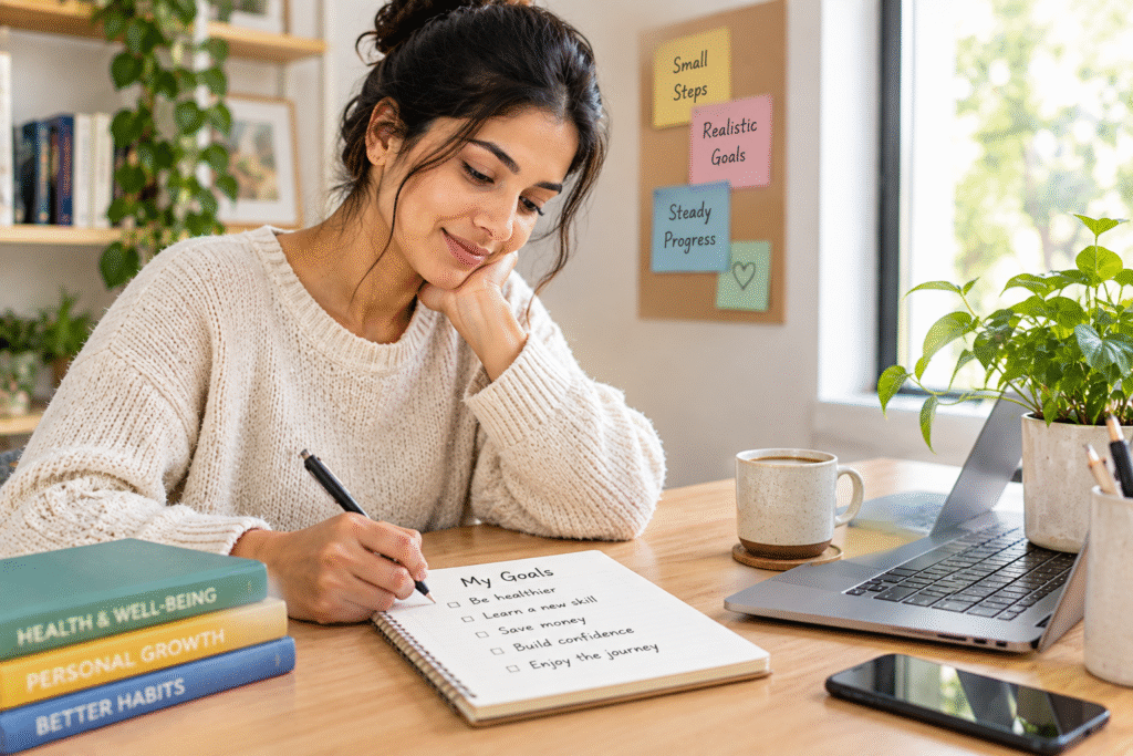Person learning how to set realistic goals while planning personal growth