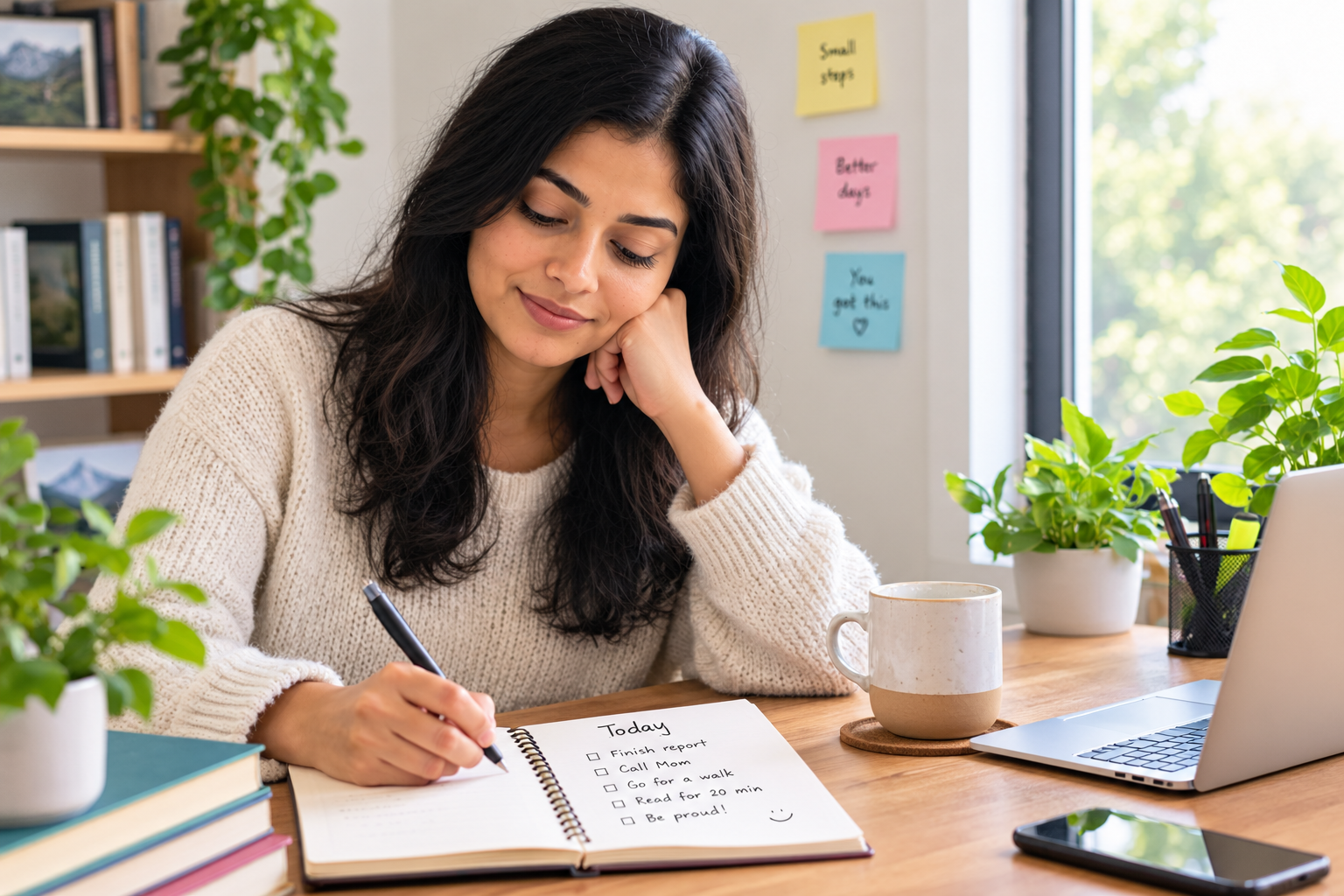 Person learning how to feel less overwhelmed while calmly organizing daily tasks