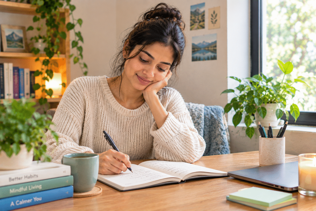 Person learning how to start journaling while reflecting at home