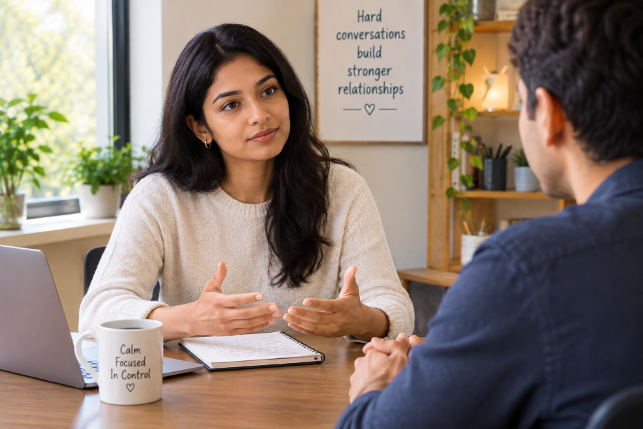 Person calmly handling a difficult conversation with confidence and composure