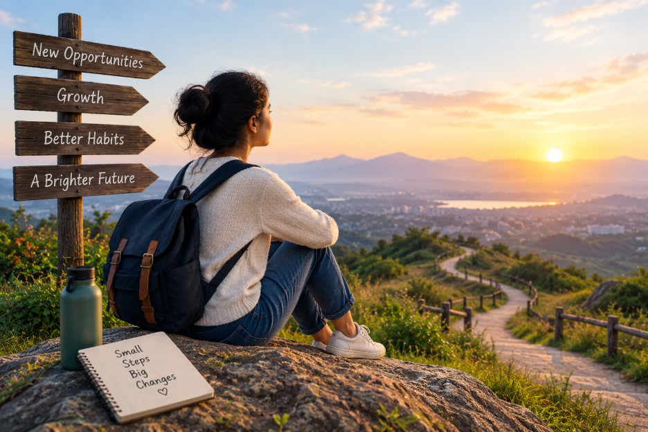 Person calmly navigating a major life transition and looking toward the future