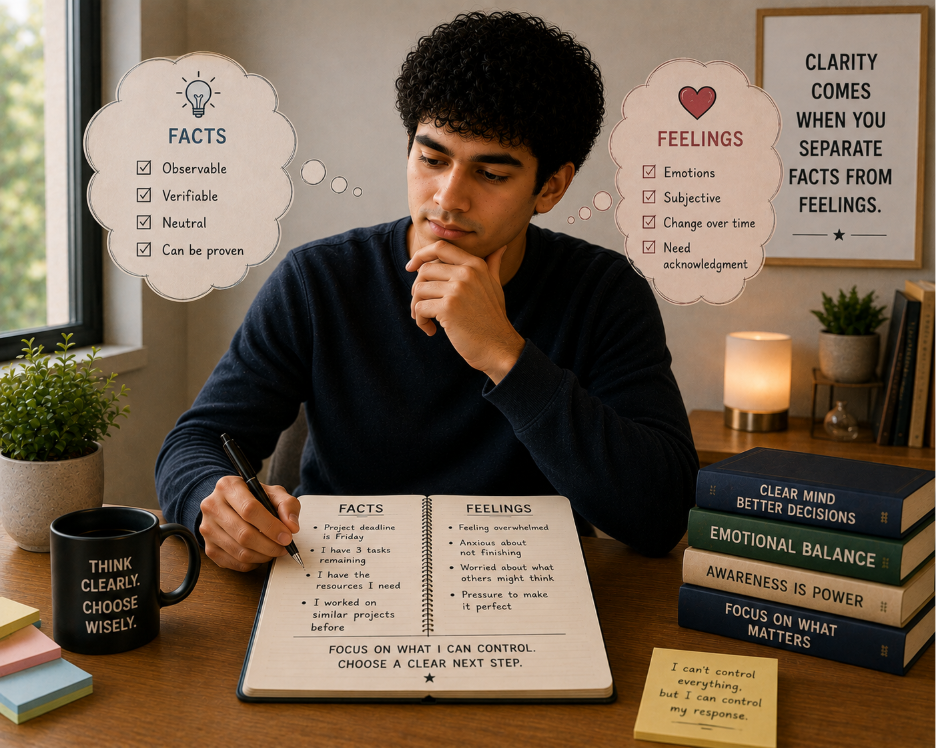 Person separating facts from feelings to think clearly