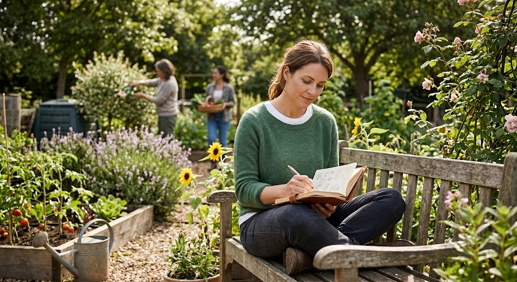 Person reflecting on how to find meaning in everyday life while journaling outdoors