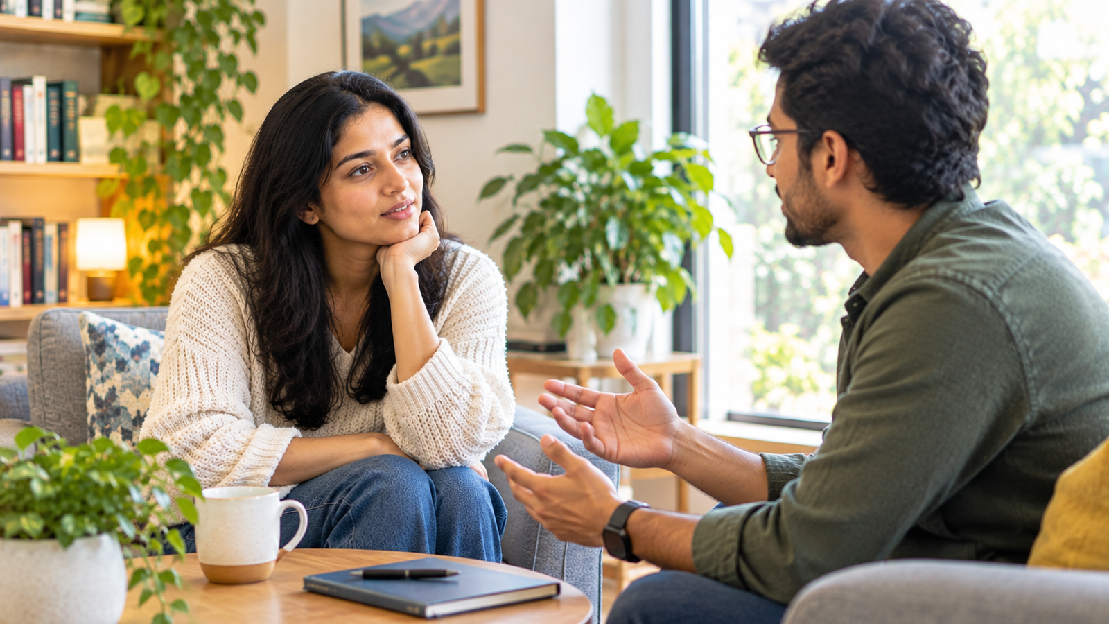 Person practicing how to be more open-minded during a thoughtful conversation
