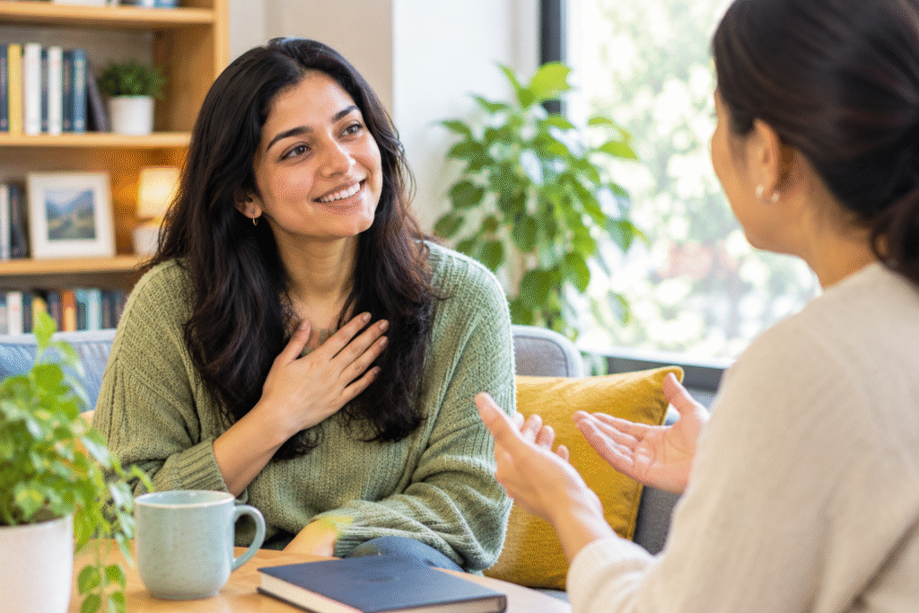 Person learning how to accept compliments during a friendly conversation
