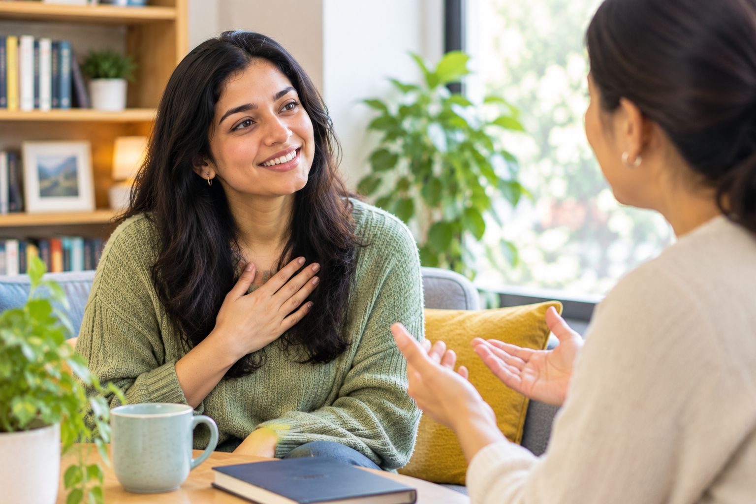 Person learning how to accept compliments during a friendly conversation