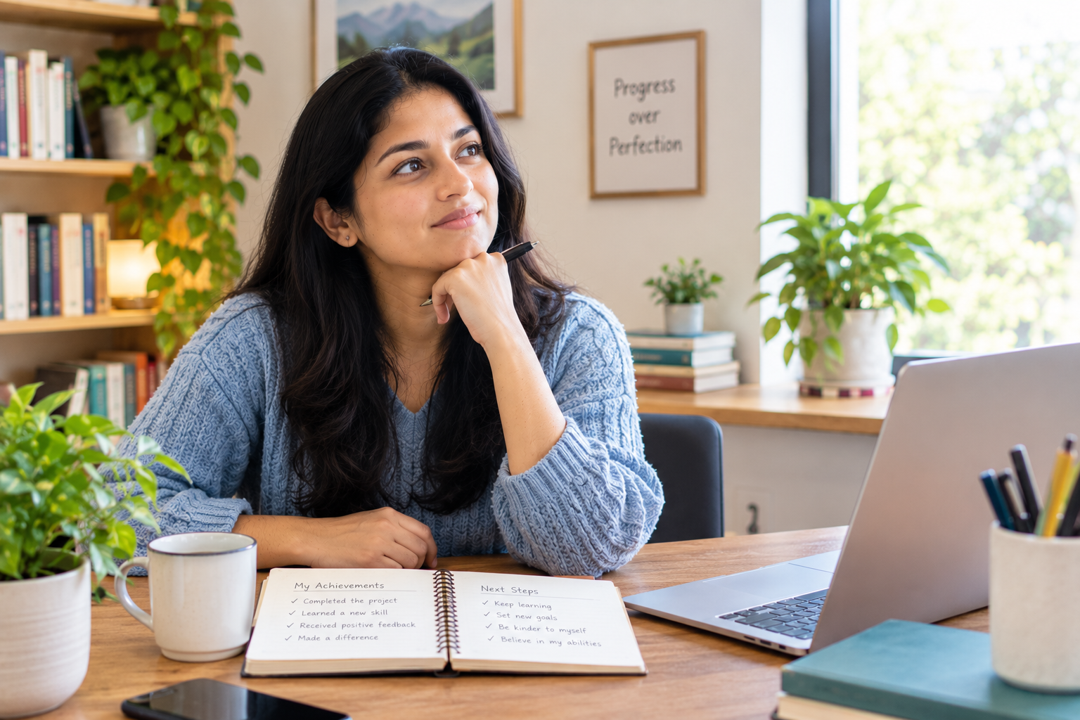 Person learning how to deal with imposter syndrome while reflecting on personal achievements