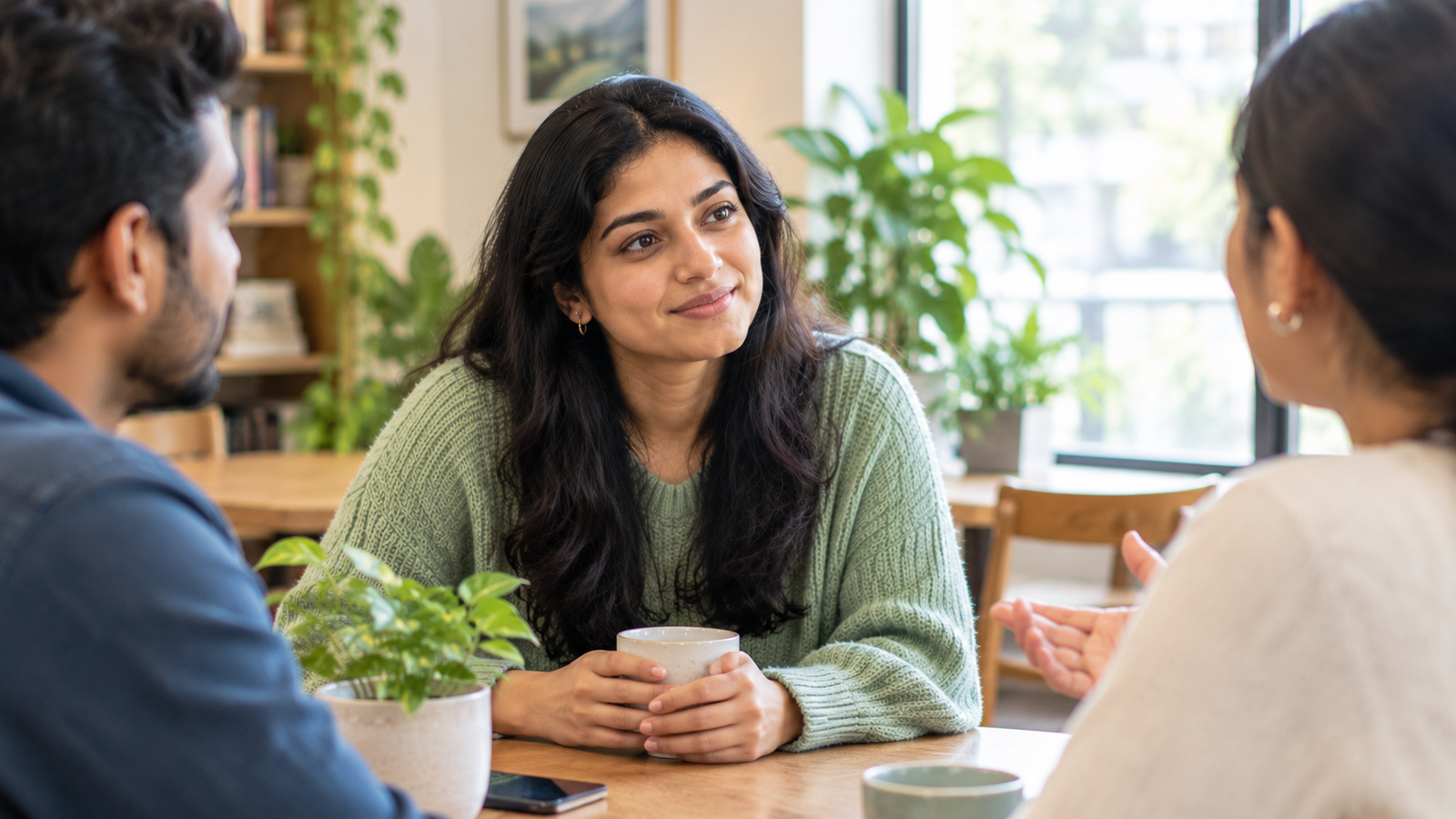 Person learning how to manage social anxiety during a friendly conversation