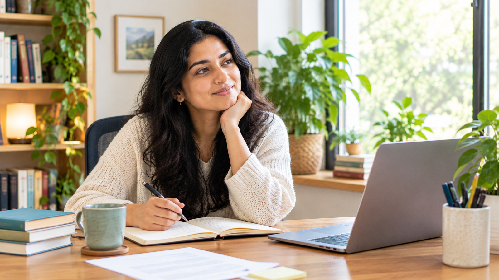 Person learning how to overcome perfectionism while reviewing work in a notebook