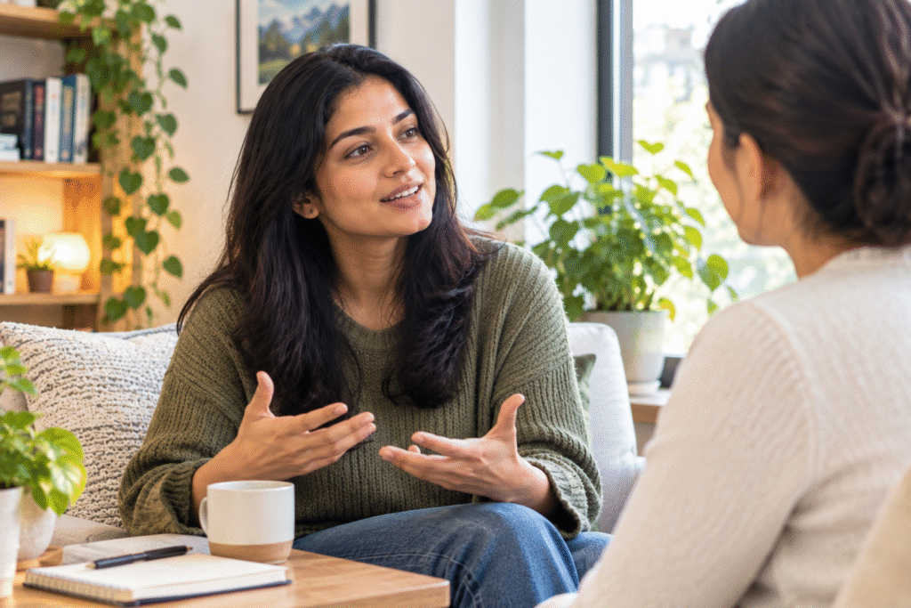 Person learning how to be more assertive during a calm conversation